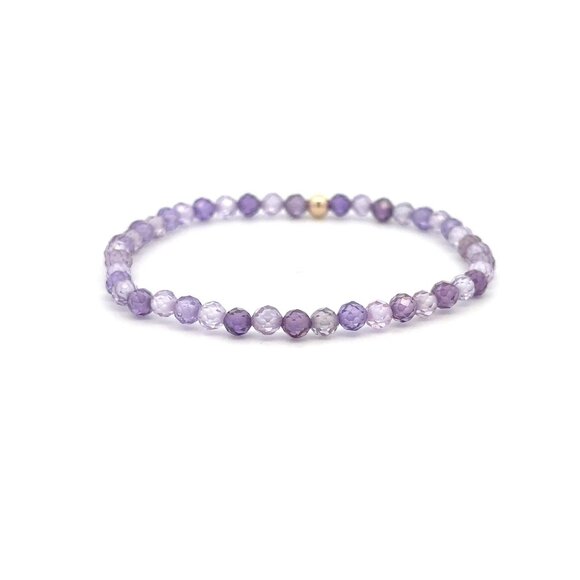 Cubic Zirconia Purple Micro Faceted Gemstone Beaded Stretch Bracelet 14K Gold Ac - Picture 4 of 7